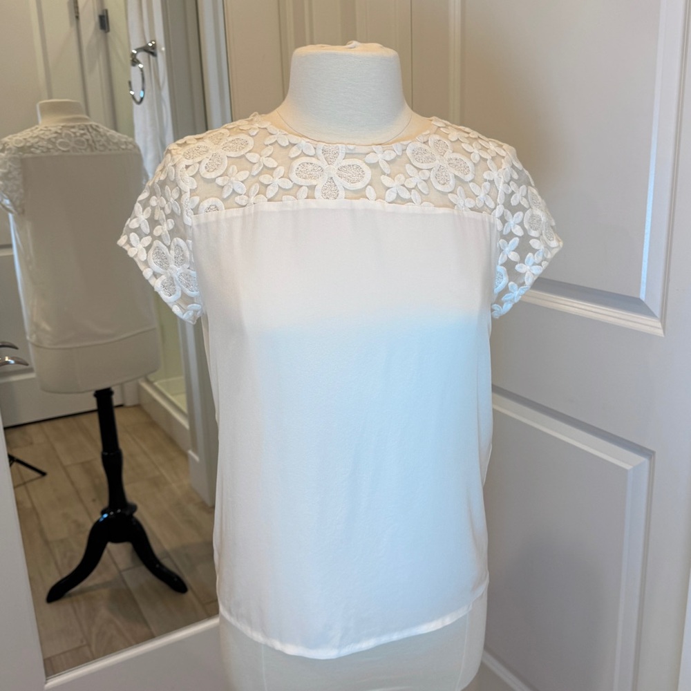 Maje White Lace Silk Short Sleeve Floral Blouse, Size 2 (US M), Romantic Boho